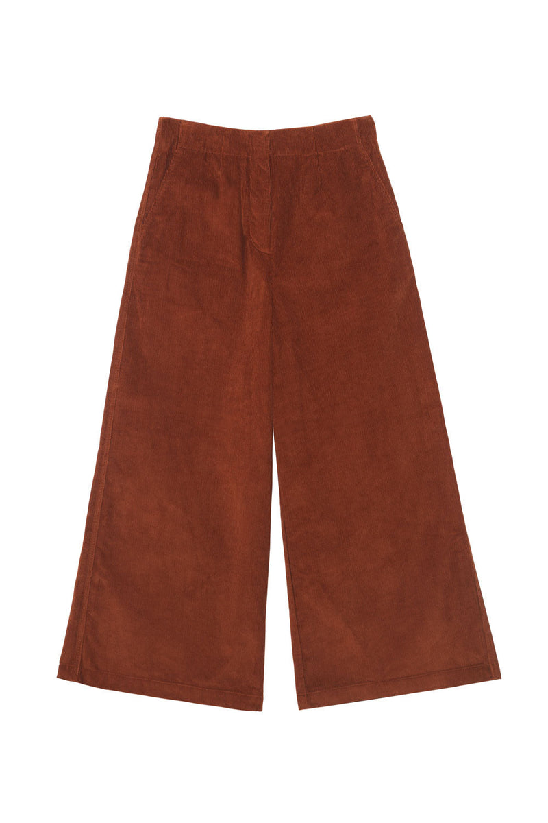 Women's Wide Leg Trouser in tan corduroy. Saywood's Amelia Full Length Wide Leg Trouser in caramel corduroy in 100% organic cotton, flat shot on a white background.