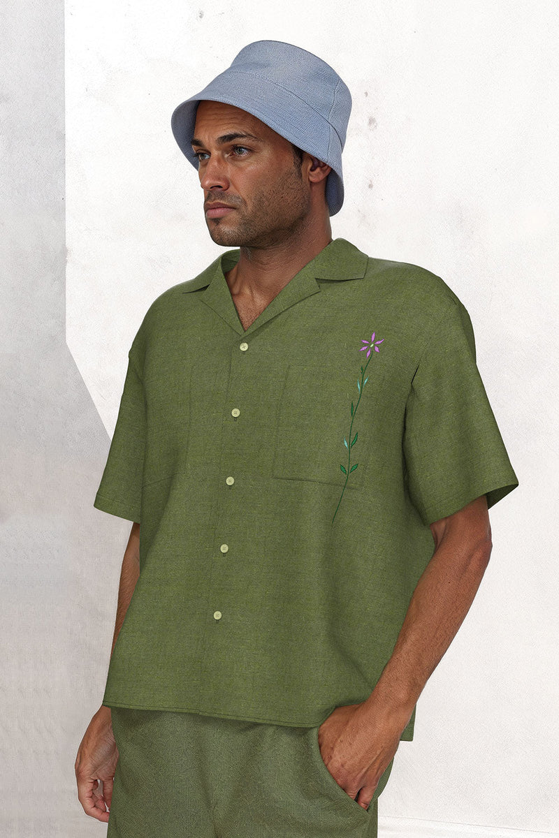 Frances Unisex Cuban Shirt, Rich Olive Green