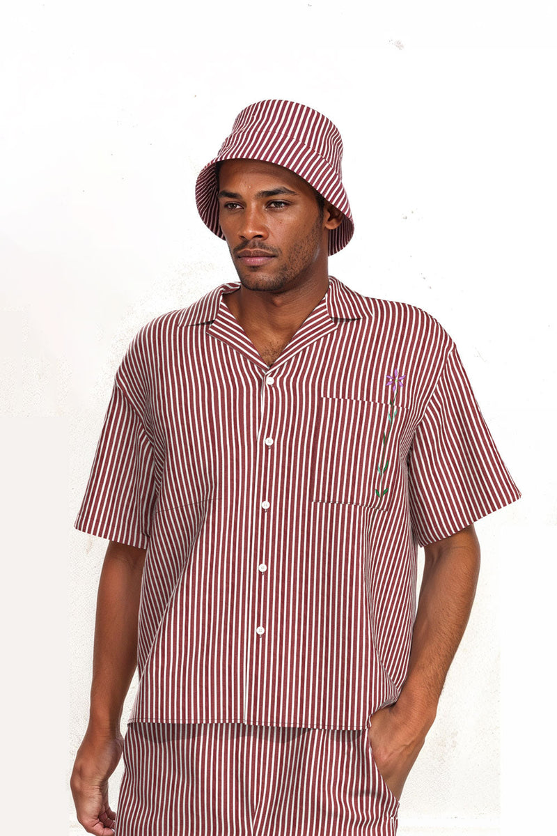 Frances Unisex Cuban Shirt, Berry Red Stripe