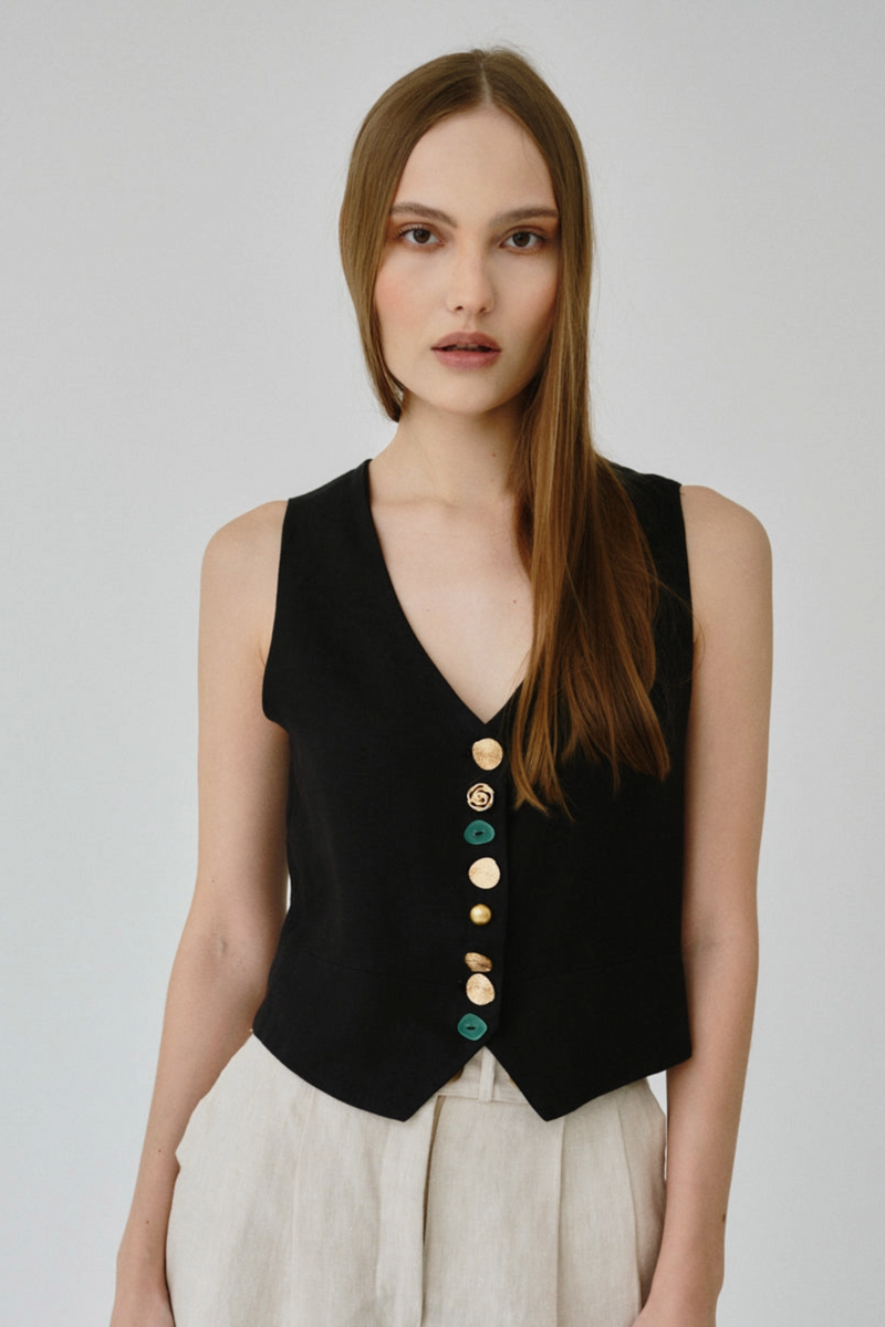 Daphne Linen Waistcoat in Black