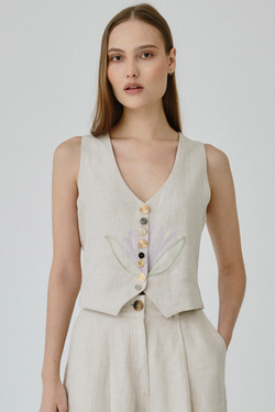 Daphne Floral Linen Waistcoat in Beige