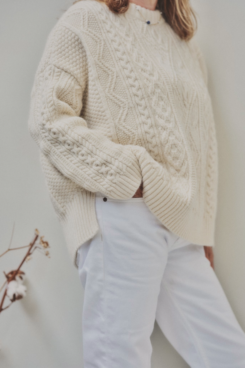 The Freyja British Wool Cable Sweater in Ecru