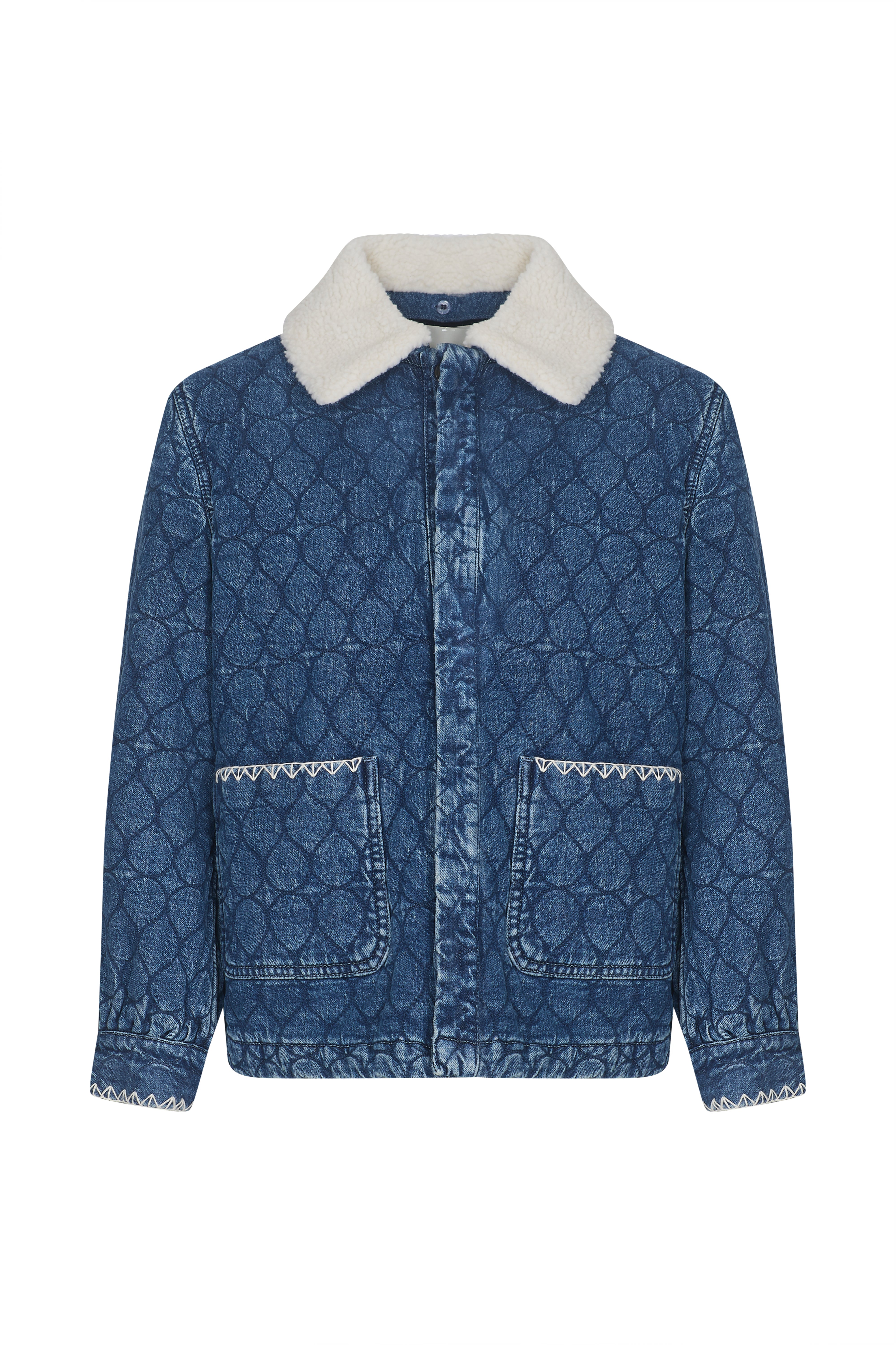Blue quilted patterned jacket with a removable sherpa collar and large pockets on a white background