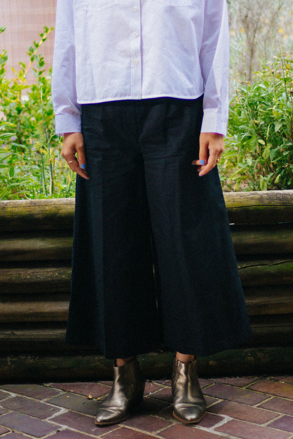 Amelia Wide Leg Culotte Trouser, Black Organic Cotton & Linen