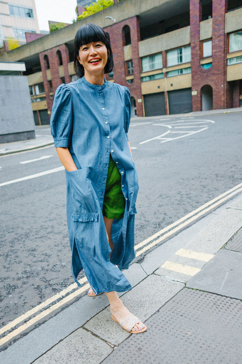 Rosa Puff Sleeve Shirtdress, Blue Light Wash Japanese Denim