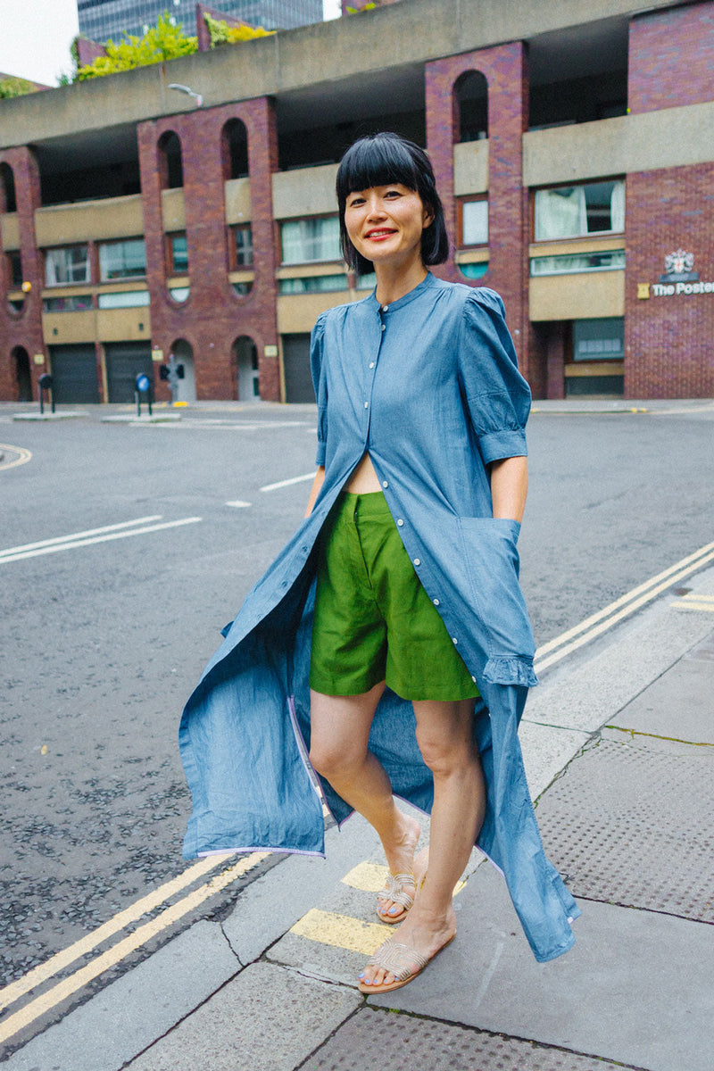 Rosa Puff Sleeve Shirtdress, Blue Light Wash Japanese Denim