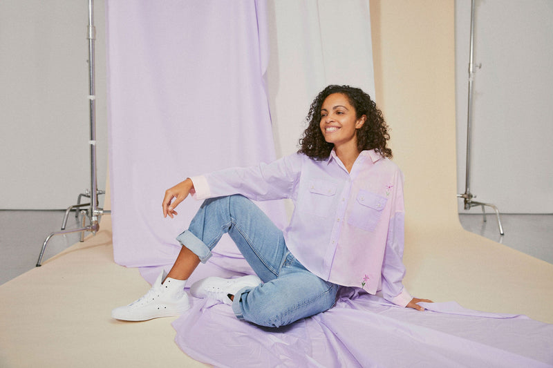 Women's Shirt, Pink lilac colourblock shirt, Jules Utility Shirt Cotton. Model sits on the floor