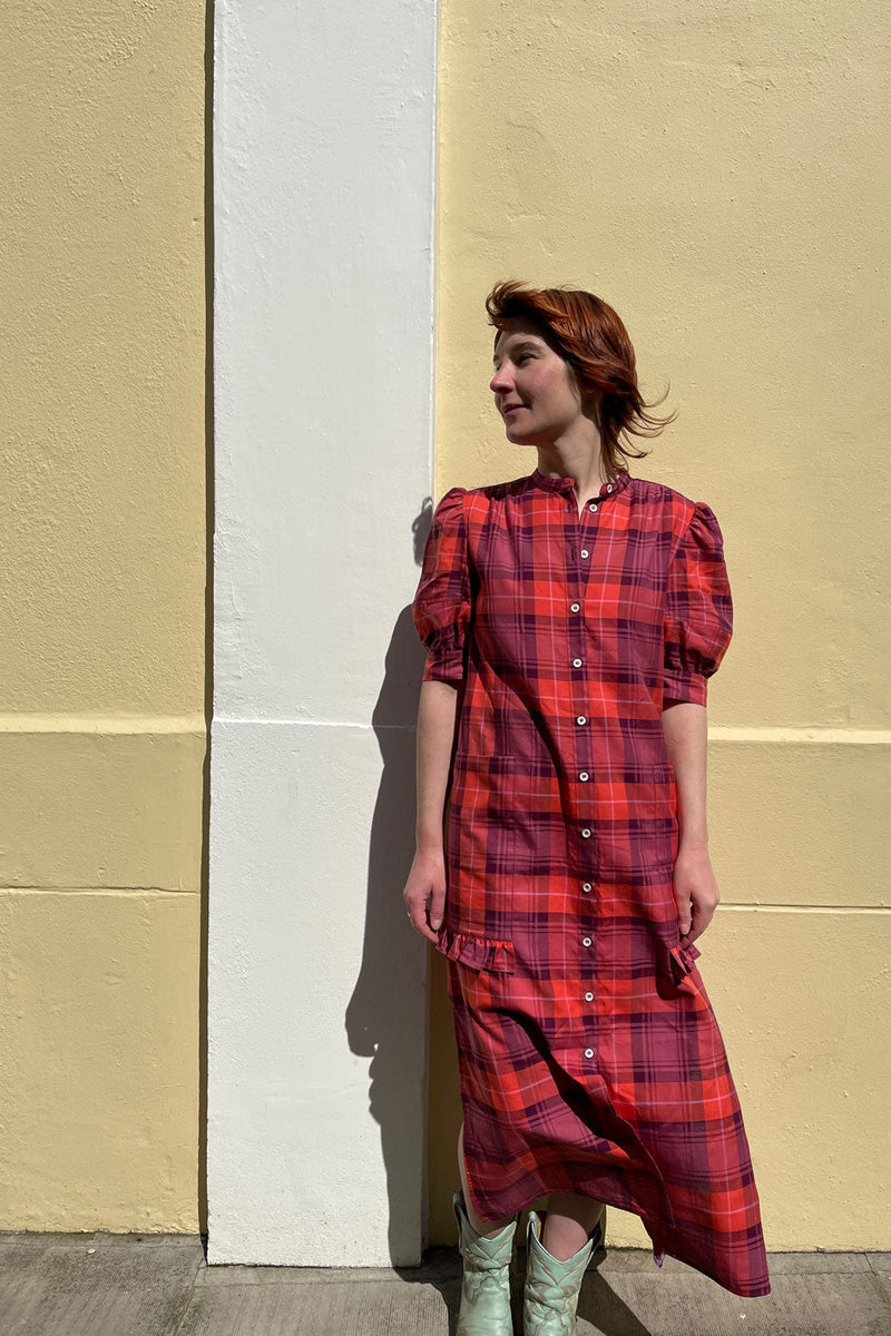 Rosa Puff Sleeve Shirtdress, Pink Coral Tartan Check