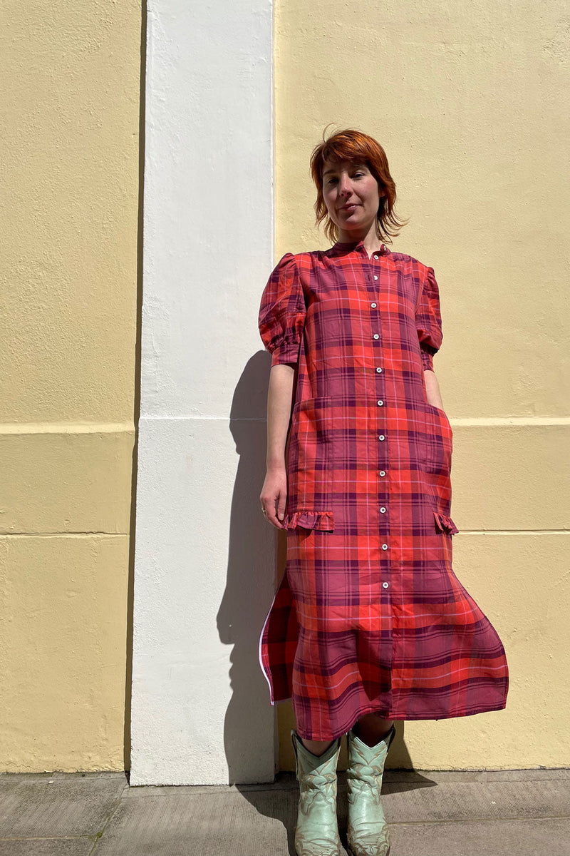 Rosa Puff Sleeve Shirtdress, Pink Coral Tartan Check