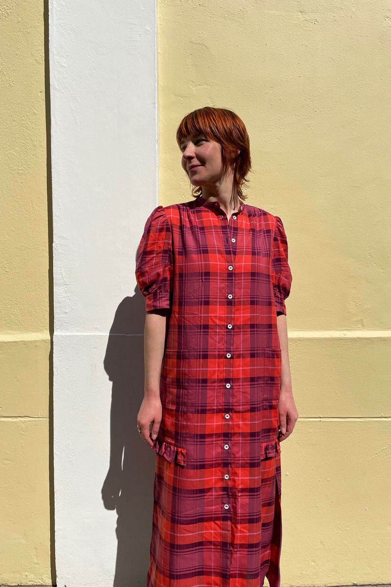 Rosa Puff Sleeve Shirtdress, Pink Coral Tartan Check