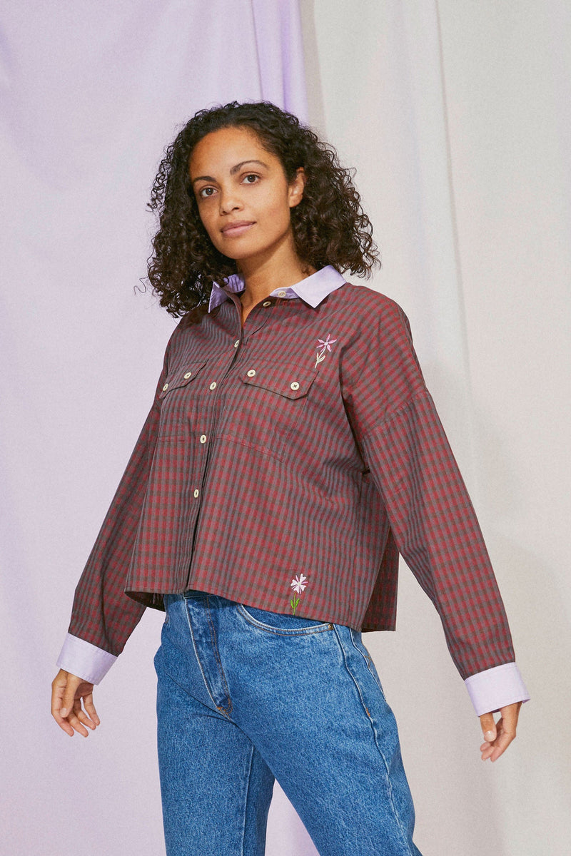 Women's Red Check Shirt, Saywood Studio, Jules Utility Shirt with flower embroidery, Red Check Cotton