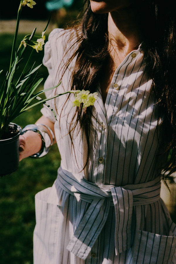 Rosa Puff Sleeve Shirtdress, White Cotton Pinstripe