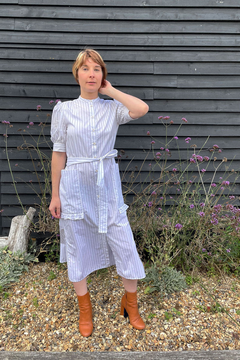 Rosa Puff Sleeve Shirtdress, White Cotton Pinstripe