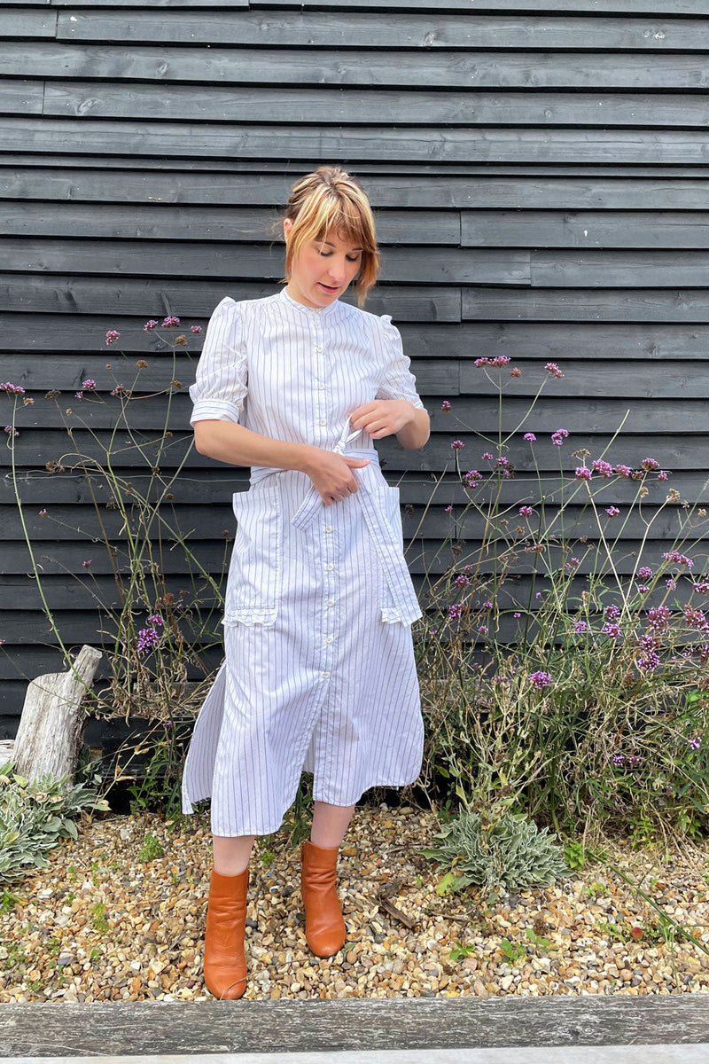 Rosa Puff Sleeve Shirtdress, White Cotton Pinstripe