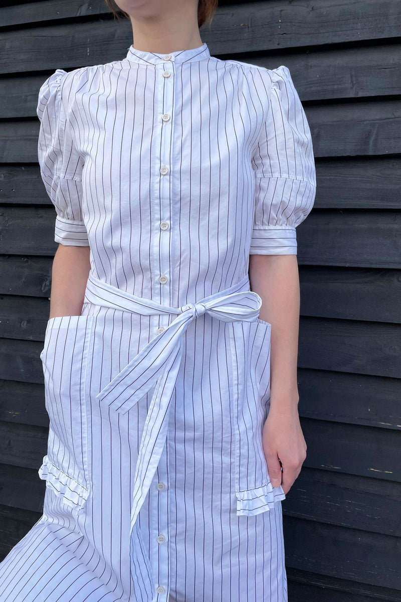 Rosa Puff Sleeve Shirtdress, White Cotton Pinstripe