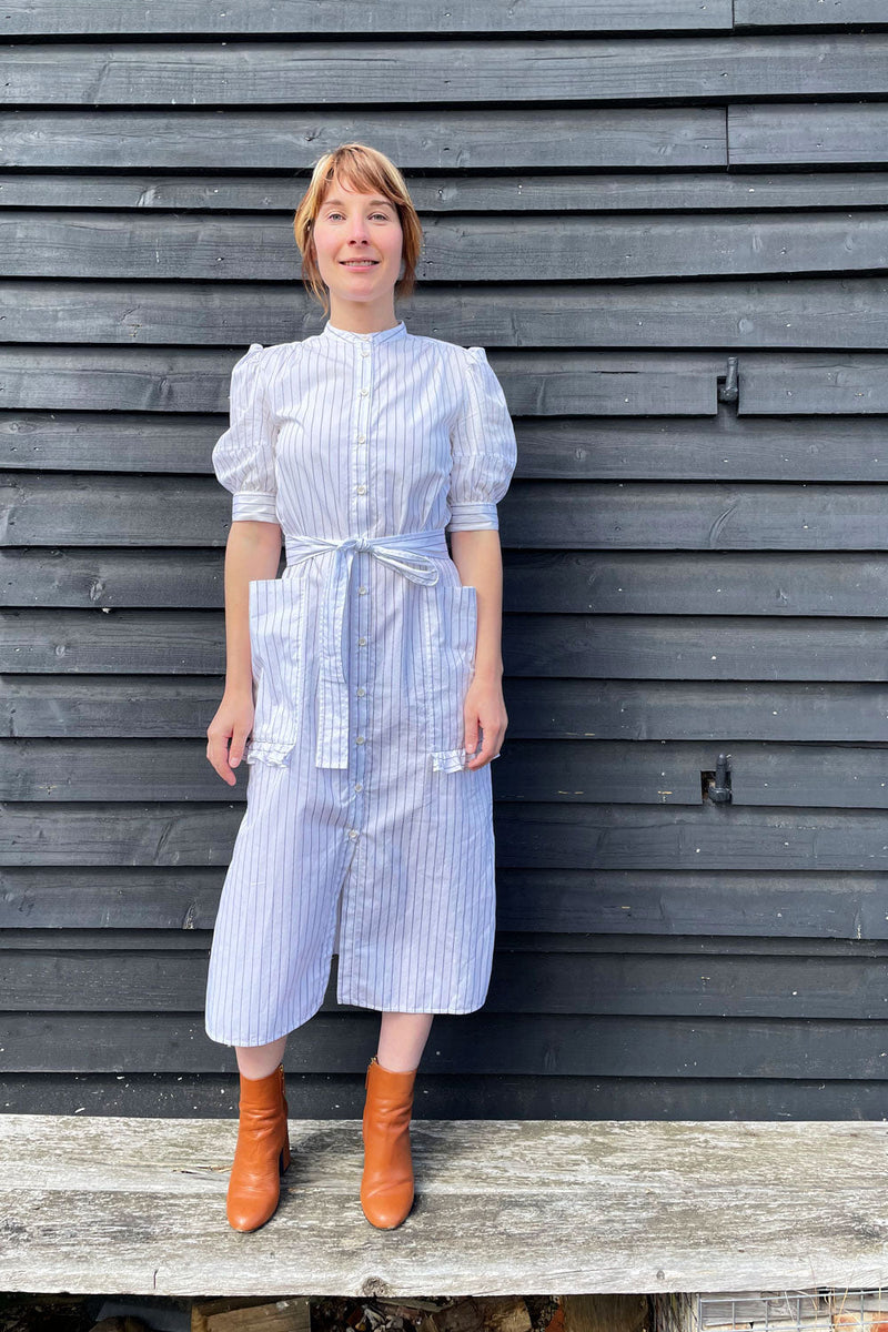 Rosa Puff Sleeve Shirtdress, White Cotton Pinstripe