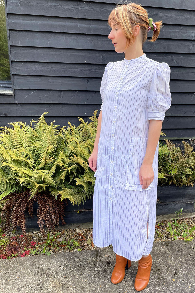 Rosa Puff Sleeve Shirtdress, White Cotton Pinstripe