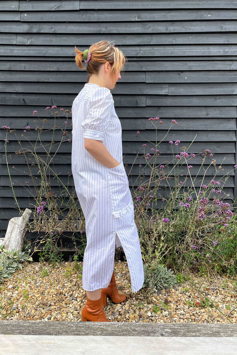 Rosa Puff Sleeve Shirtdress, White Cotton Pinstripe