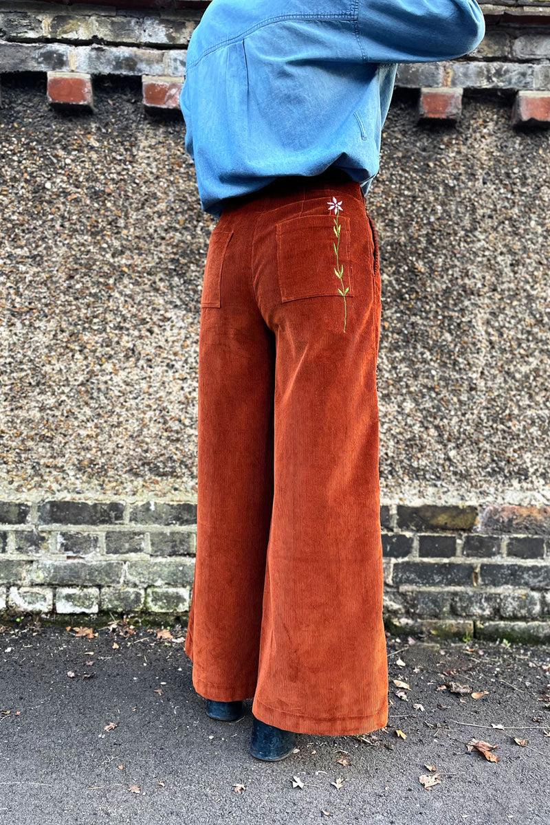 Amelia Full Length Wide Leg Trouser in Caramel Organic Cotton Corduroy