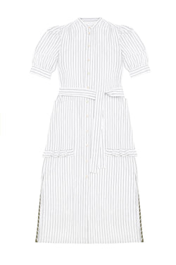 Rosa Puff Sleeve Shirtdress, White Cotton Pinstripe