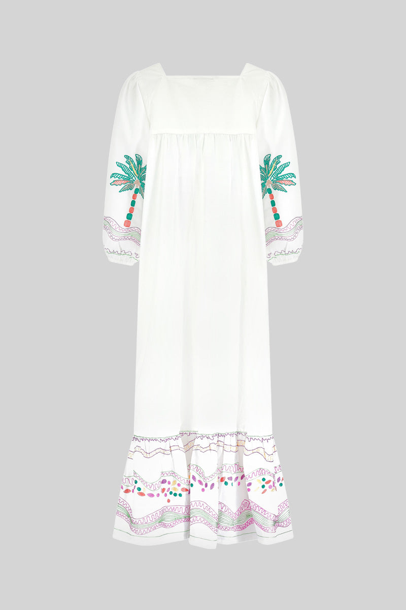 Flat shot back view of East Heritage Zarella Embroidered White Dress