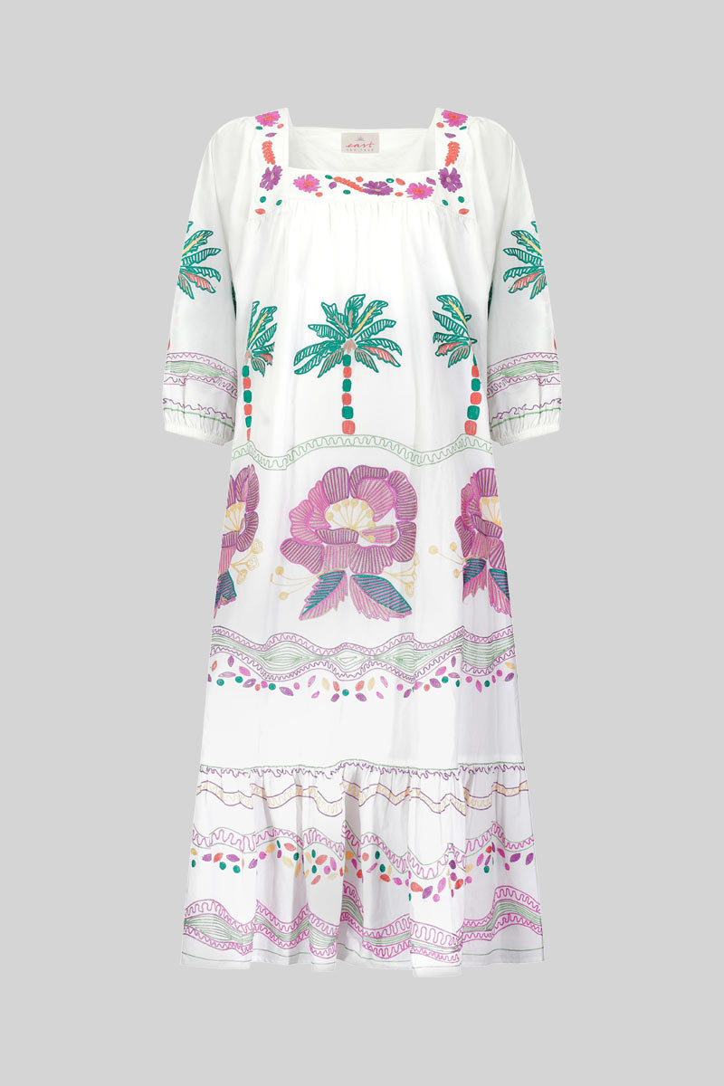 Flat shot front view of East Heritage Zarella Embroidered White Dress