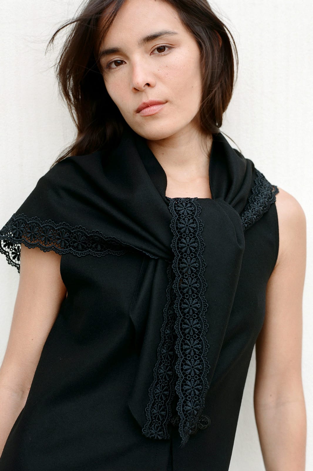 Felted Wool Triangle Scarf with lace in black