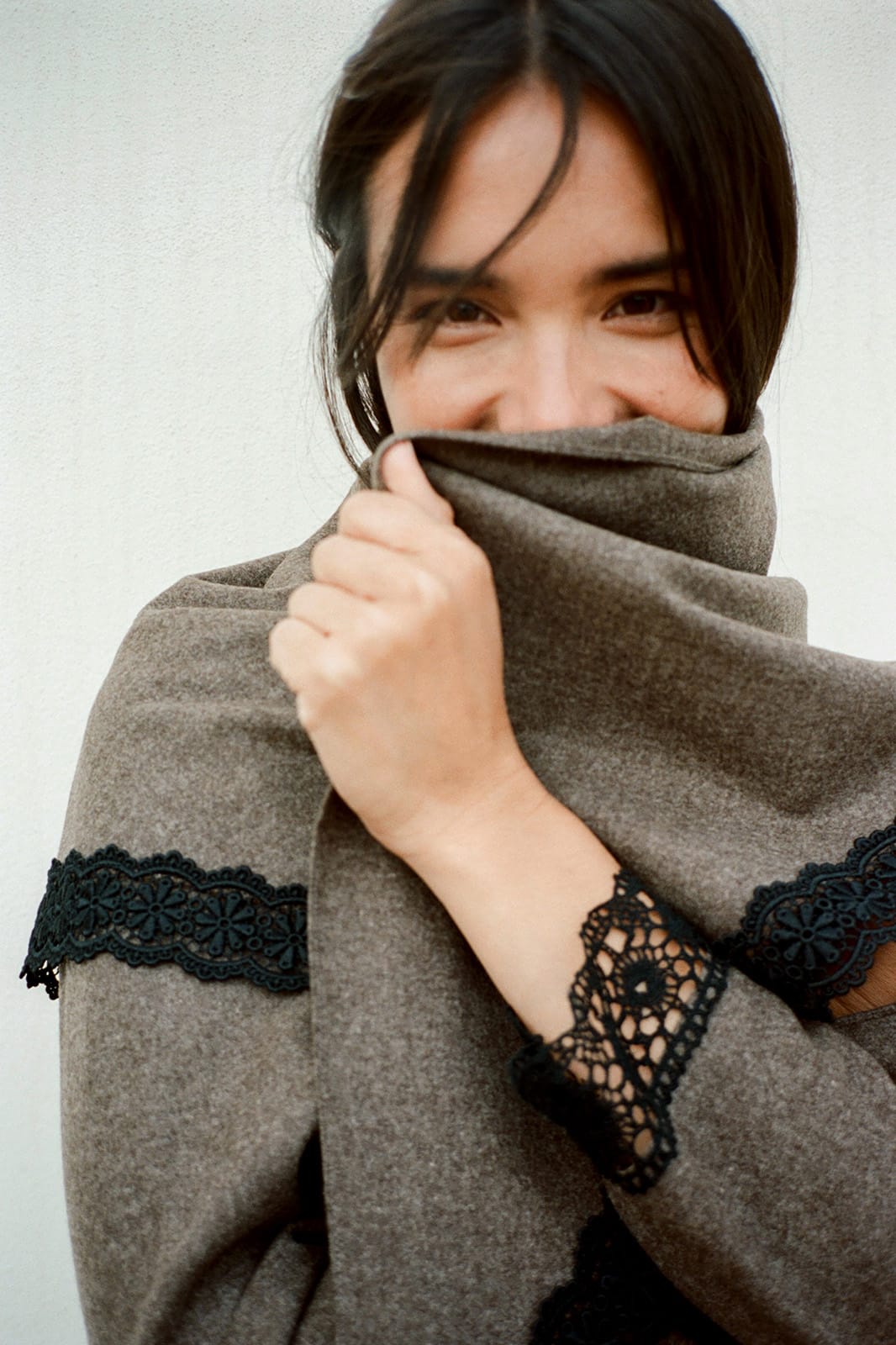 Felted Wool Triangle Scarf with lace in mocha