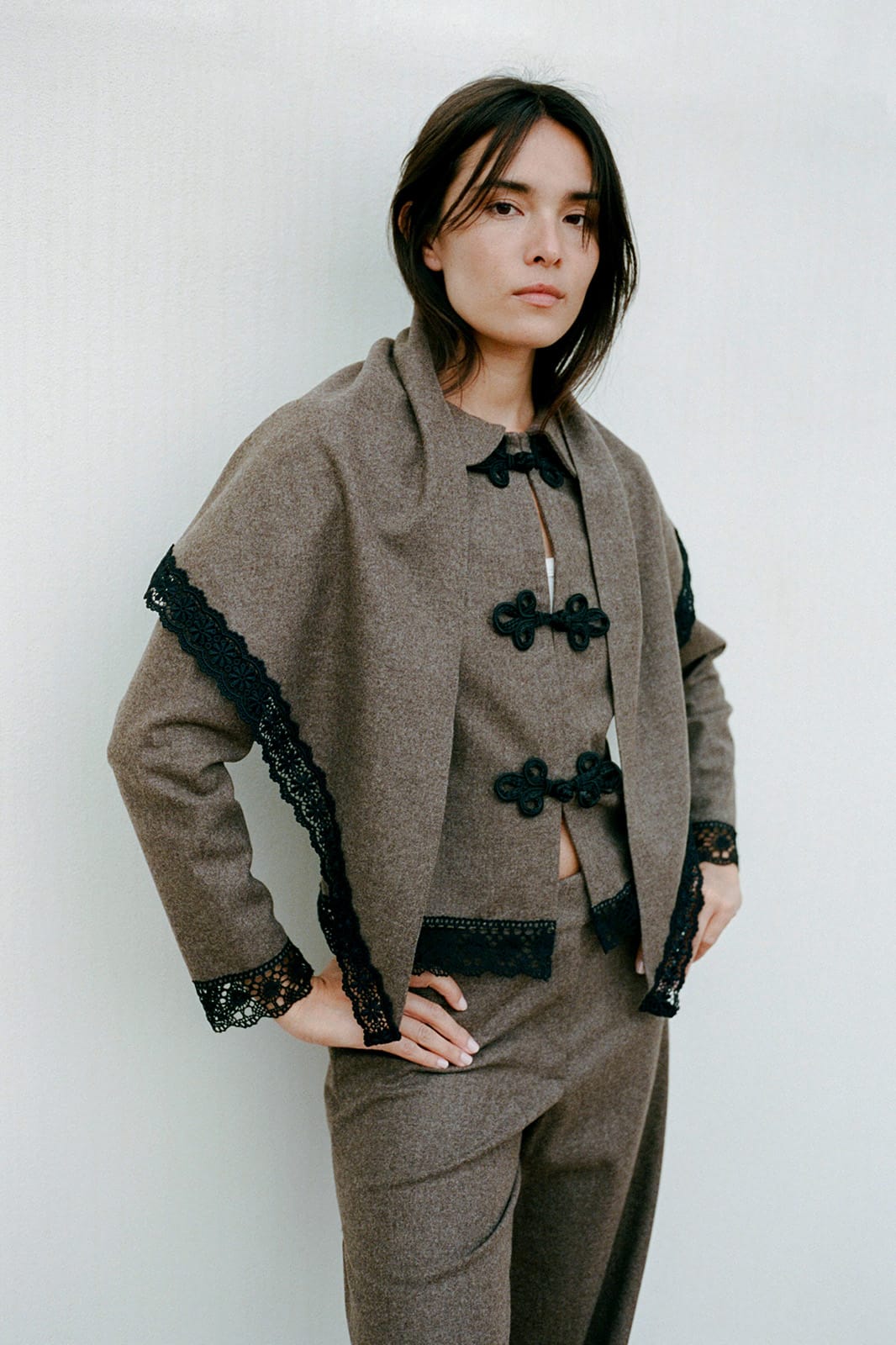 Felted Wool Triangle Scarf with lace in mocha