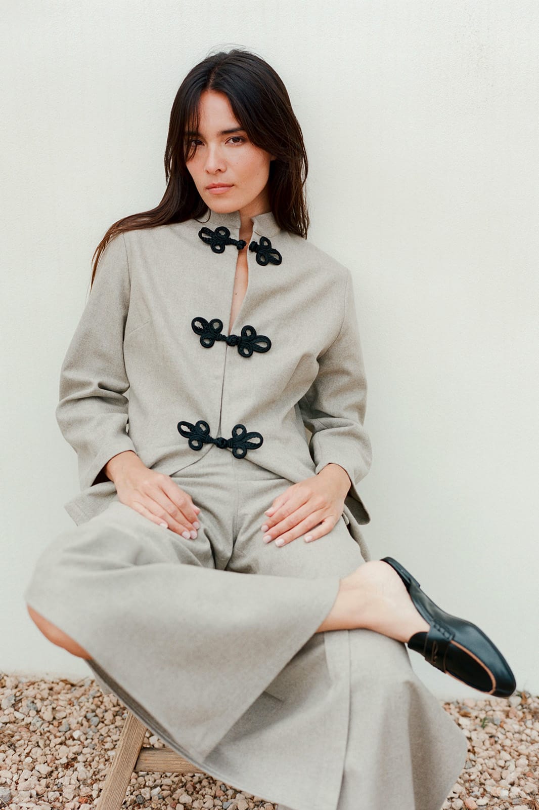 The Wilma Stand-Up Collar Wool Overshirt in beige