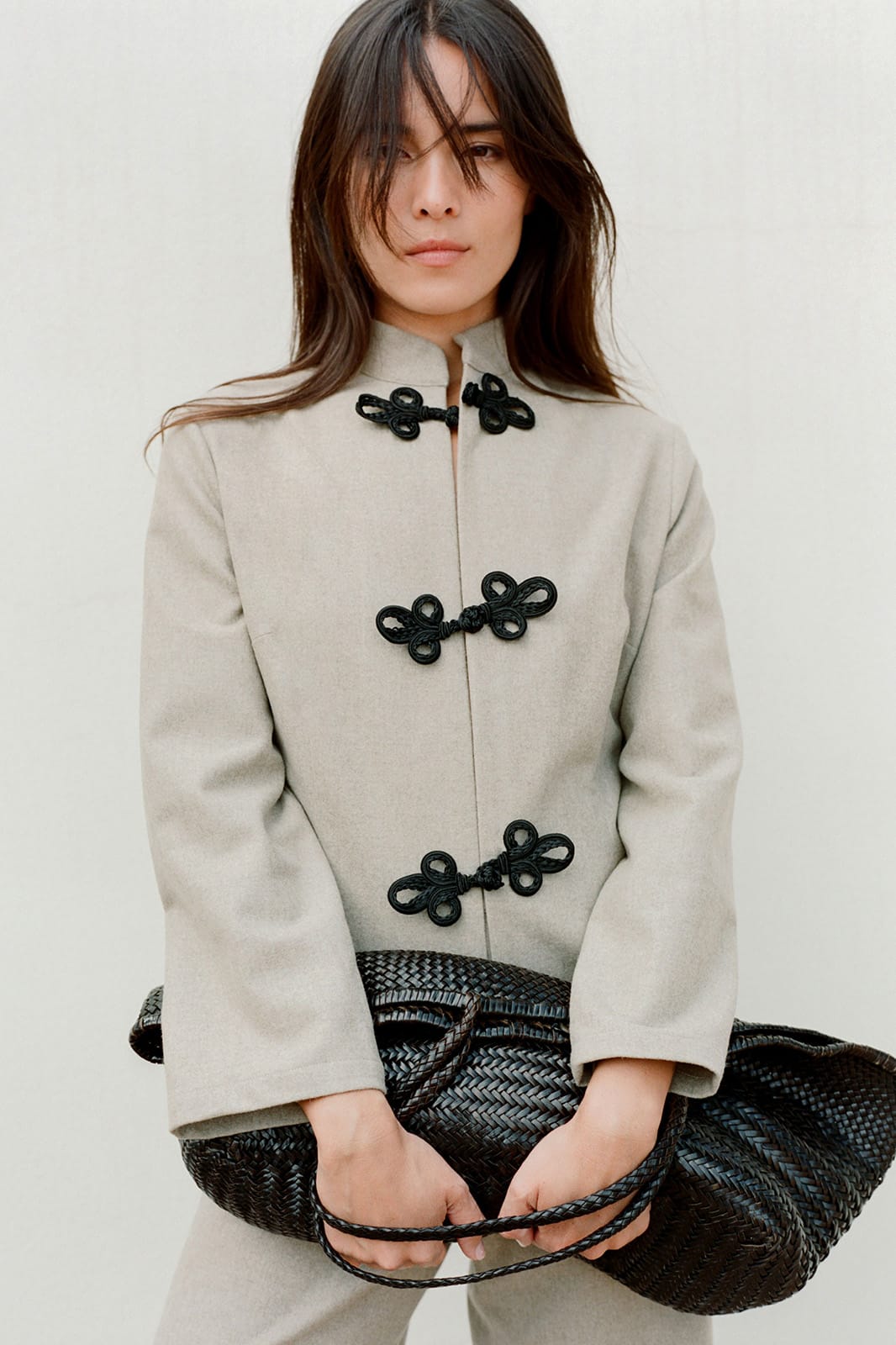 The Wilma Stand-Up Collar Wool Overshirt in beige