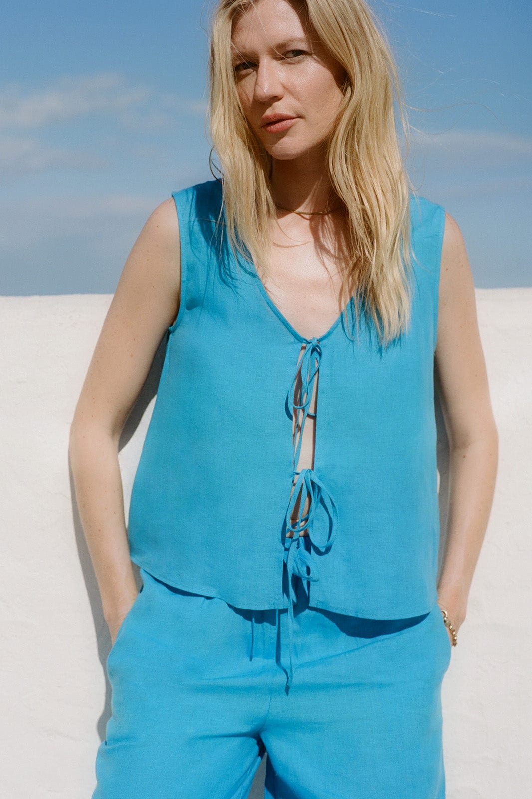 arkitaip Blouses The Camilla Sleeveless Tie Top in ice blue