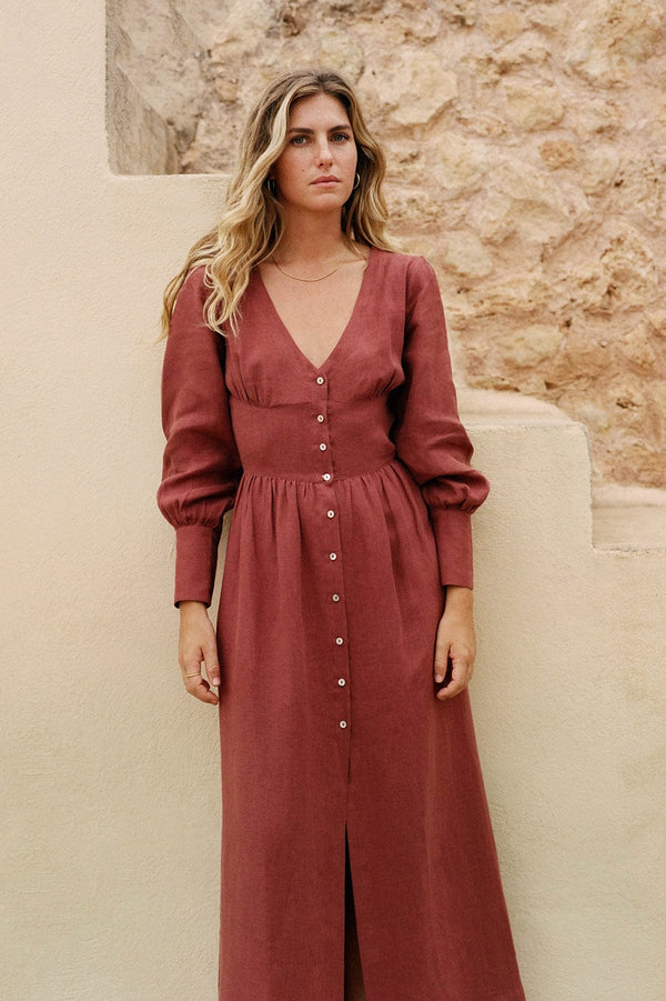 arkitaip Maxi Dresses The Gertrude Linen Maxi Dress in terracotta