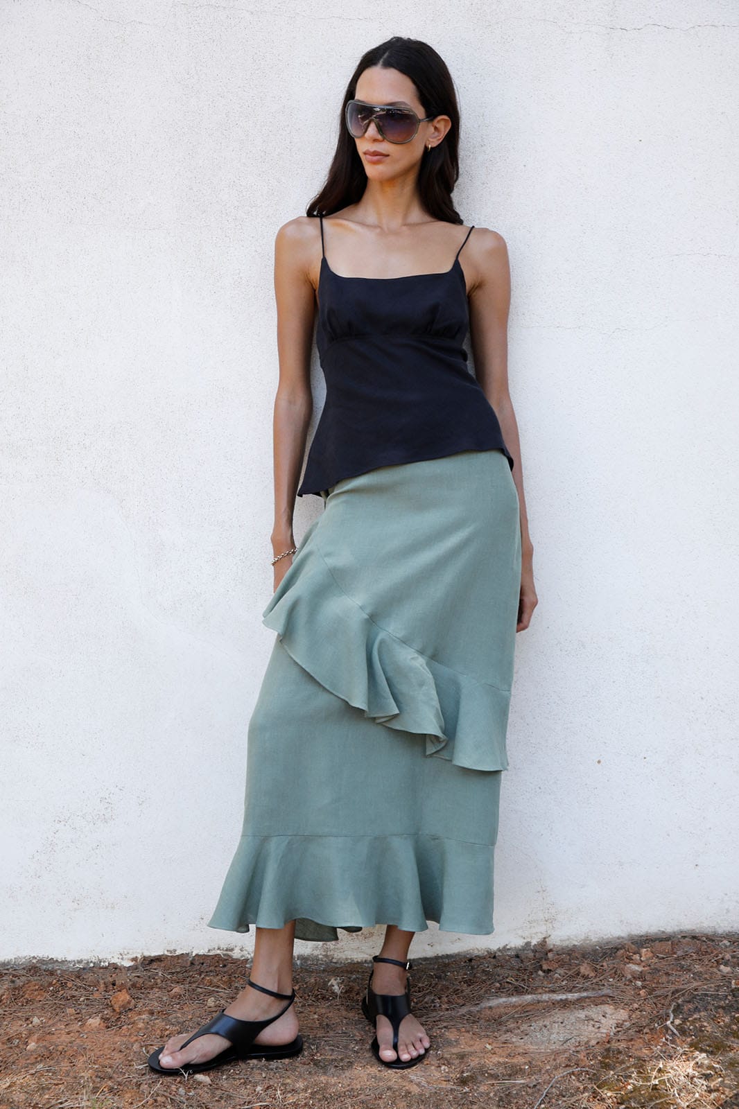 arkitaip Skirts The Carrie Ruffled Maxi Skirt in olive green