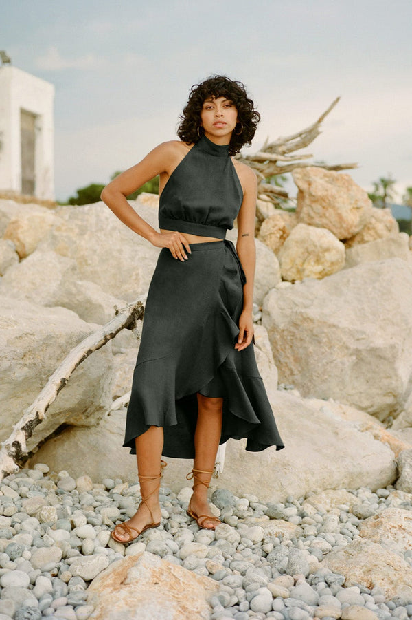 arkitaip Skirts The Catalina Linen Wrap Skirt in black