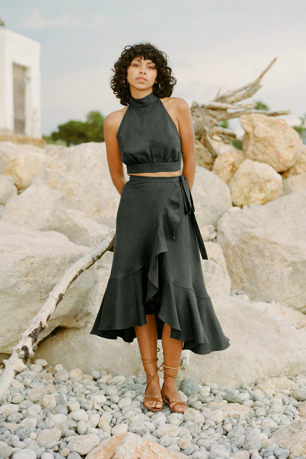 arkitaip Skirts The Catalina Linen Wrap Skirt in black