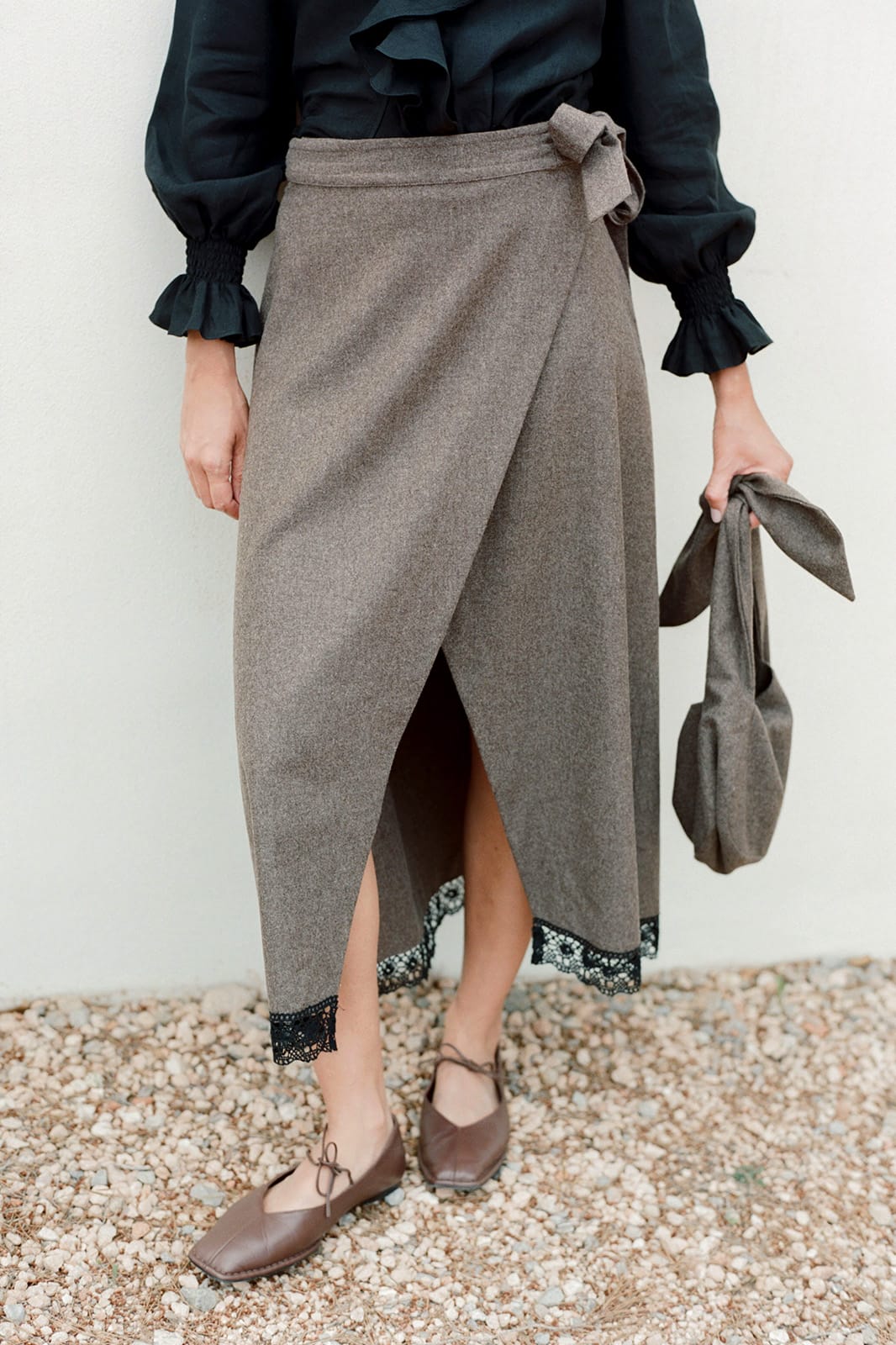 The Zoe Wool Wrap Skirt with lace trim in mocha