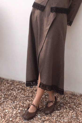 The Zoe Wool Wrap Skirt with lace trim in mocha