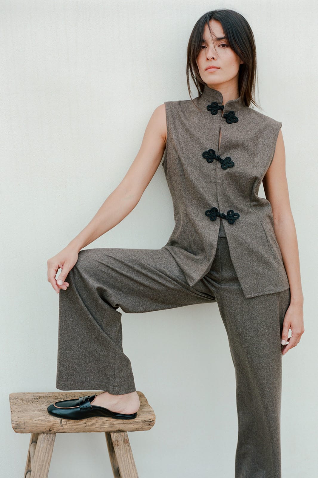 The Aria Stand-Up Collar Wool Vest in mocha