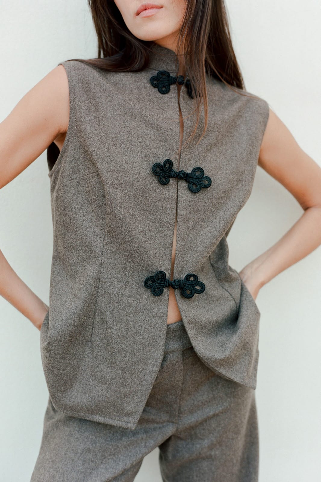 The Aria Stand-Up Collar Wool Vest in mocha