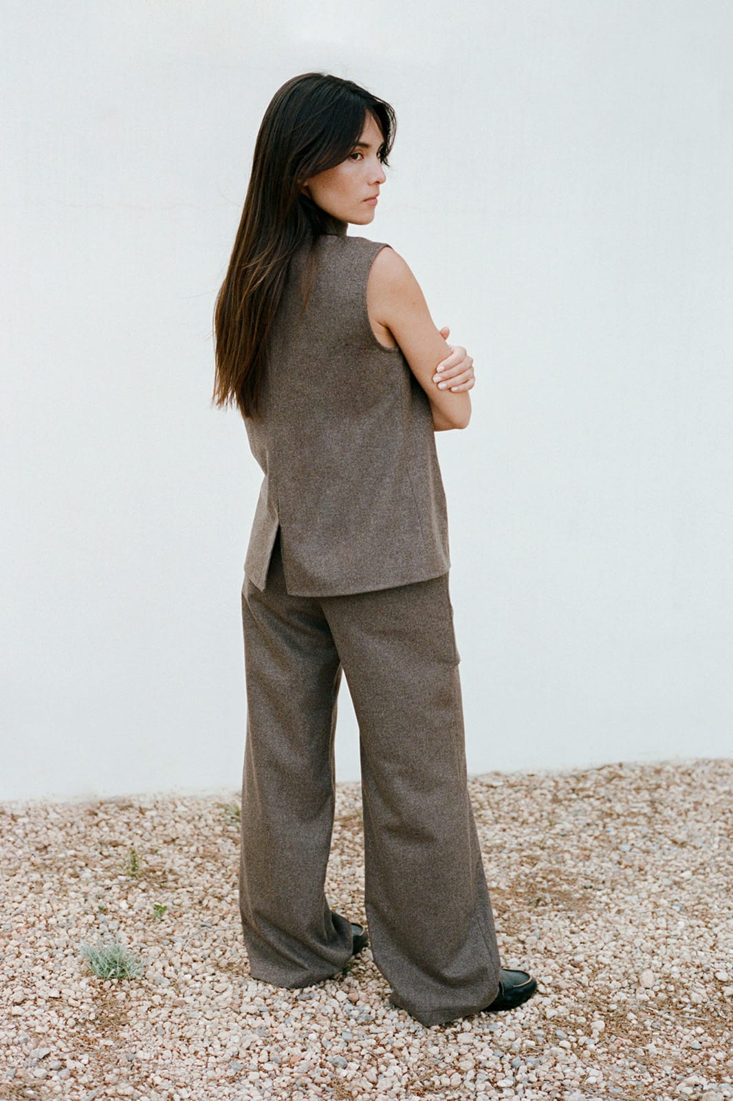 The Aria Stand-Up Collar Wool Vest in mocha