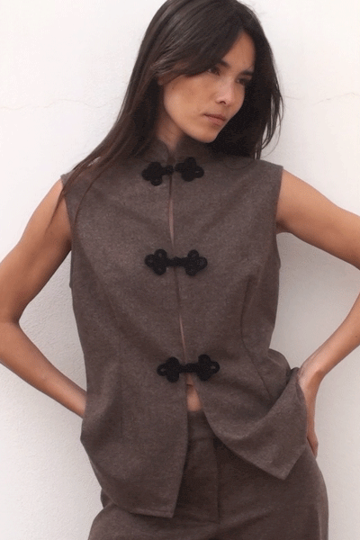 The Aria Stand-Up Collar Wool Vest in mocha