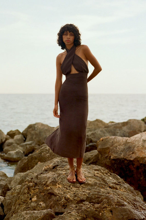 arkitaip Tops The Margot Criss-Cross Halterneck Dress in chocolate