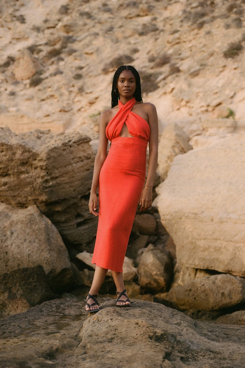 arkitaip Tops The Margot Criss-Cross Halterneck Dress in red