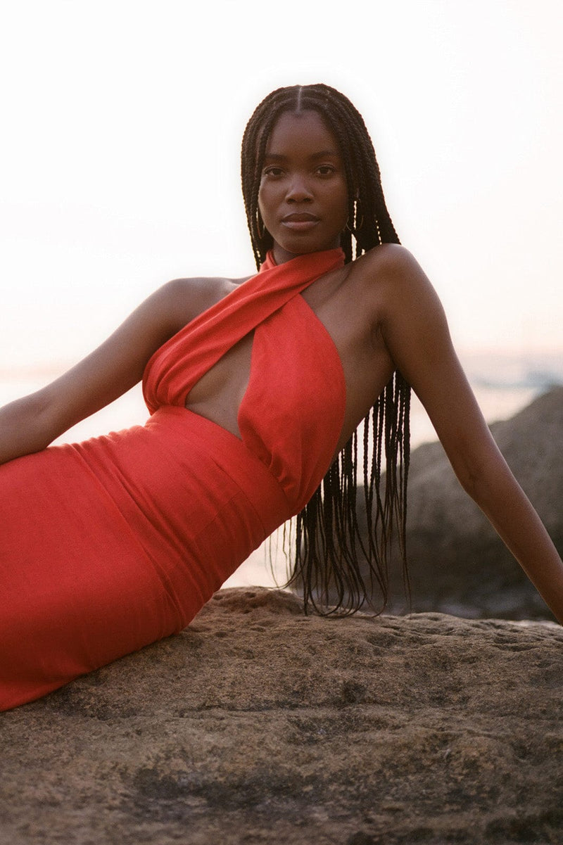arkitaip Tops The Margot Criss-Cross Halterneck Dress in red