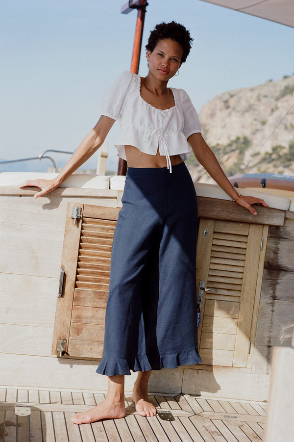 arkitaip Trousers The Clara Ruffled Linen Trousers in Navy Blue