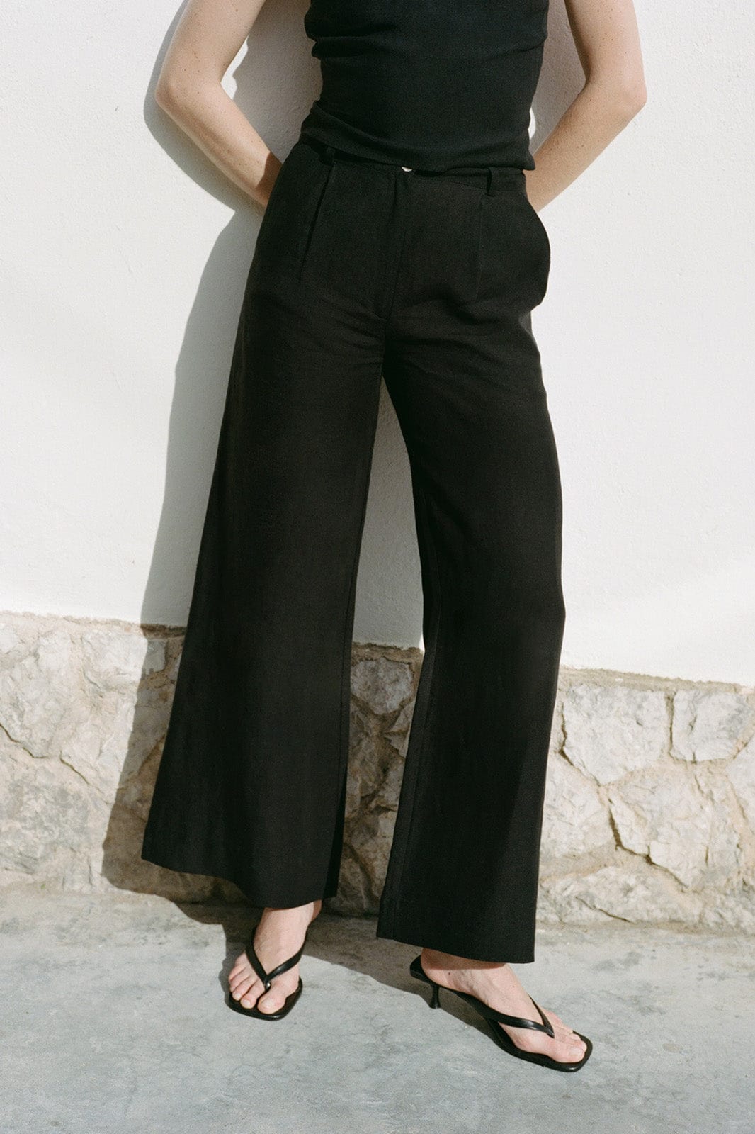 The Willow Wide-Leg Pleated Linen Trousers in black