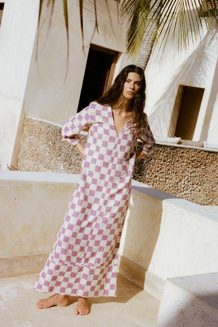 Woodblock printed Kaftan - Lilac check