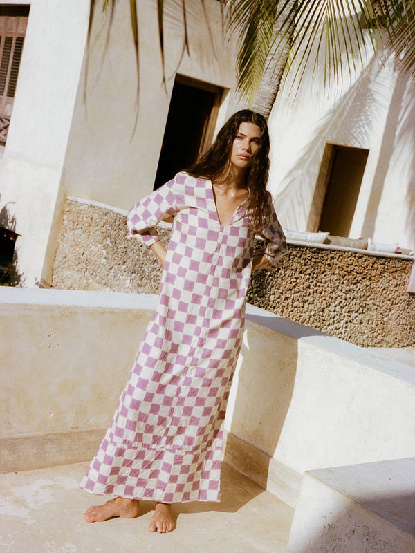 Woodblock printed Kaftan - Lilac check