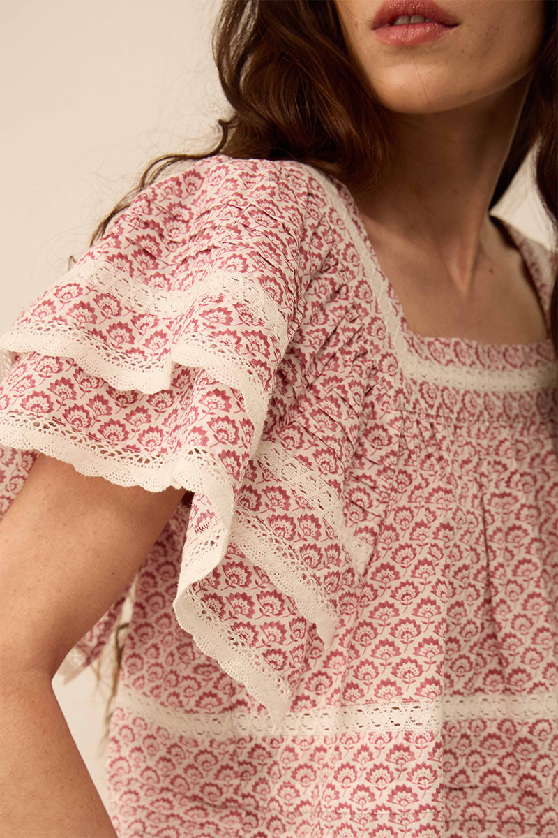 Alina Printed Floral Lace Insert Top